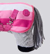 Side view of the hind end of a gray stuffed pony wearing the pink Newmarket Fleece Cooler