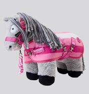 Side angled view of a stuffed gray pony wearing a pink halter and lead rope and matching pink cooler