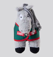 Front view of a gray stuffed animal pony wearing Rambo turnout blanket that is green with red accents