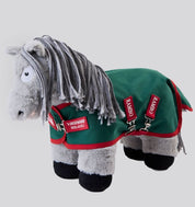 Front angled view of a gray stuffed animal pony wearing Rambo turnout blanket that is green with red accents