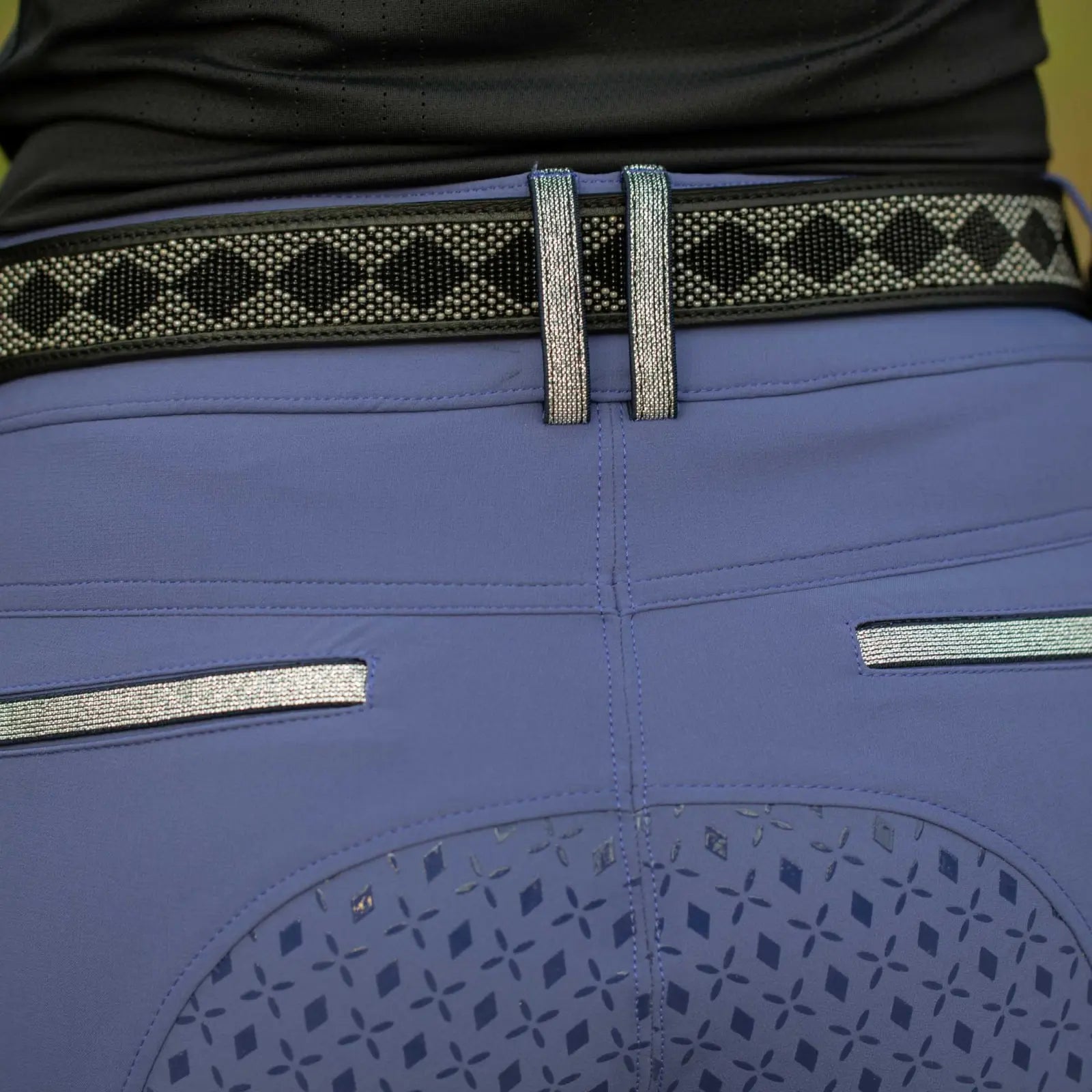 Close up back view of the back pocket and belt loop details on the blue Equinavia Kristina Knee Patch Breeches