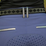 Close up back view of the back pocket and belt loop details on the blue Equinavia Kristina Knee Patch Breeches