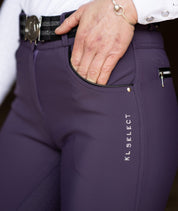Close-up side view of a model wearing the purple KL Select Gabrielle Breech