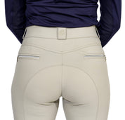Close-up back view of a model wearing the beige KL Select Gabrielle Knee Patch Breech on a white background