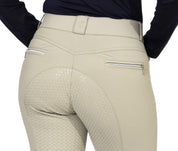 Close-up back view of a model wearing the beige KL Select Gabrielle Full Seat Breech on a white background