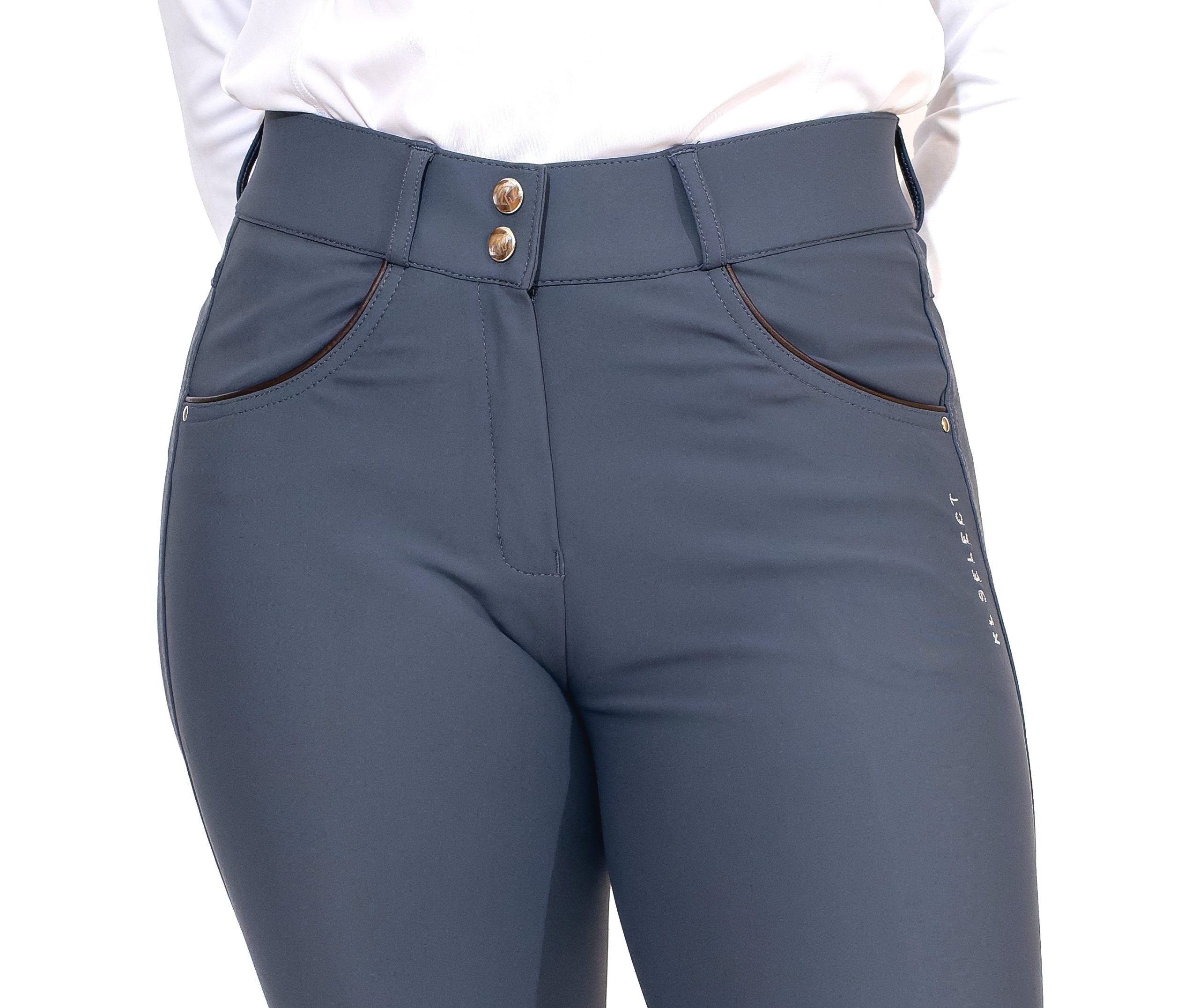 Close-up front view of a model wearing the slate blue KL Select Gabrielle Breech on a white background