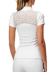 Back view of a female model wearing the white Equestrian Stockholm Crystal Champion Competition Top on a white background