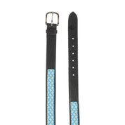 View of a black leather Equinavia Estelle Hand Beaded Belt with turquoise and white beading on a white background