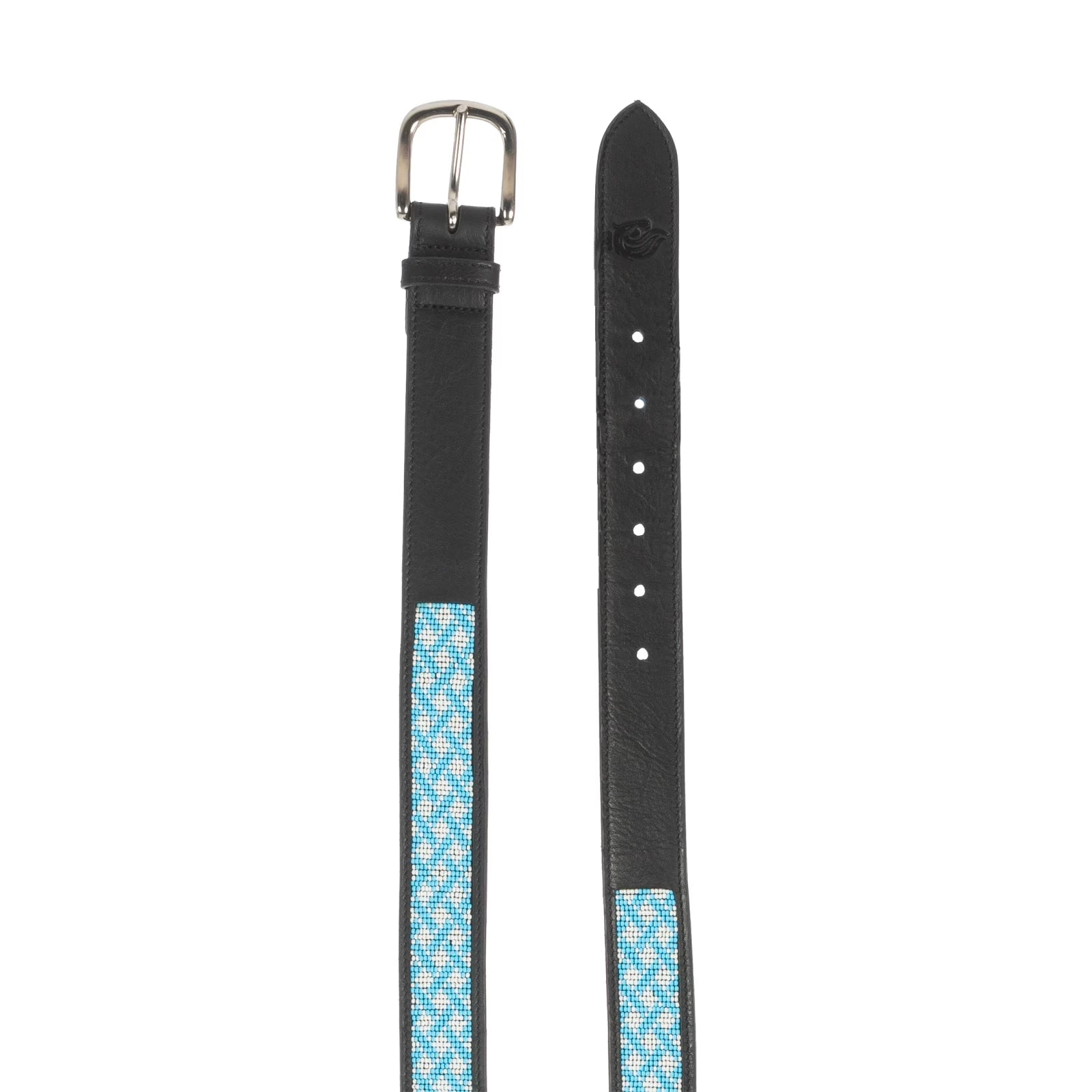 View of a black leather Equinavia Estelle Hand Beaded Belt with turquoise and white beading on a white background