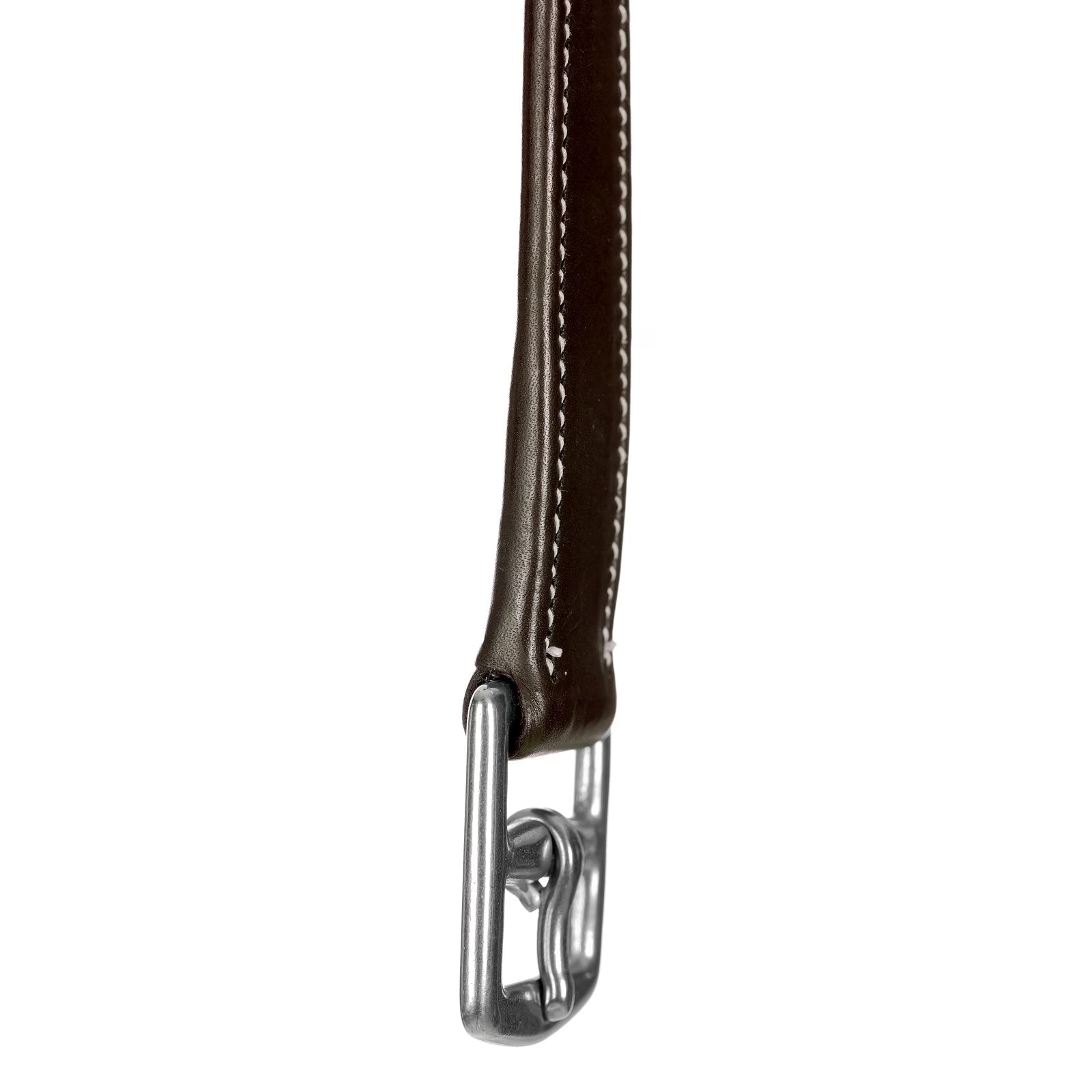 Close-up angled view of the buckle on the Chocolate Brown Equinavia Valkyrie Stirrup Leathers on a white background