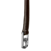 Close-up angled view of the buckle on the Chocolate Brown Equinavia Valkyrie Stirrup Leathers on a white background