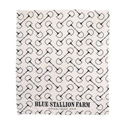 Full view of the snaffle Blue Stallion Farm Flannel Fleece Blanket in Leather Holder on a white background