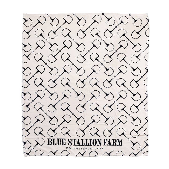 Full view of the snaffle Blue Stallion Farm Flannel Fleece Blanket in Leather Holder on a white background