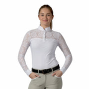 Front view of a female model wearing the white Equinavia Lisa Lace Long Sleeve Show Shirt on a white background