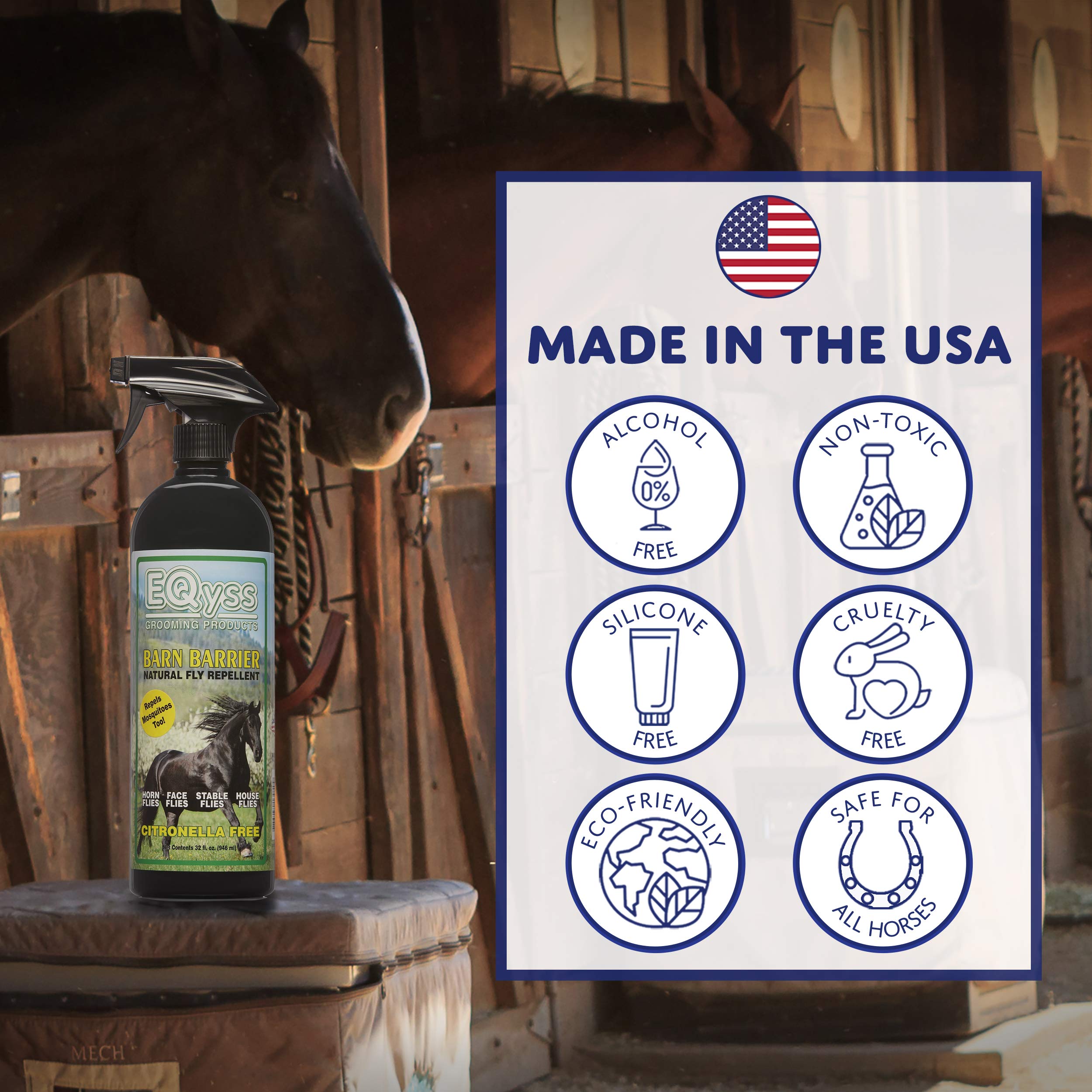 Spray bottle of fly repellent sitting on a stool inside a barn next to a horse