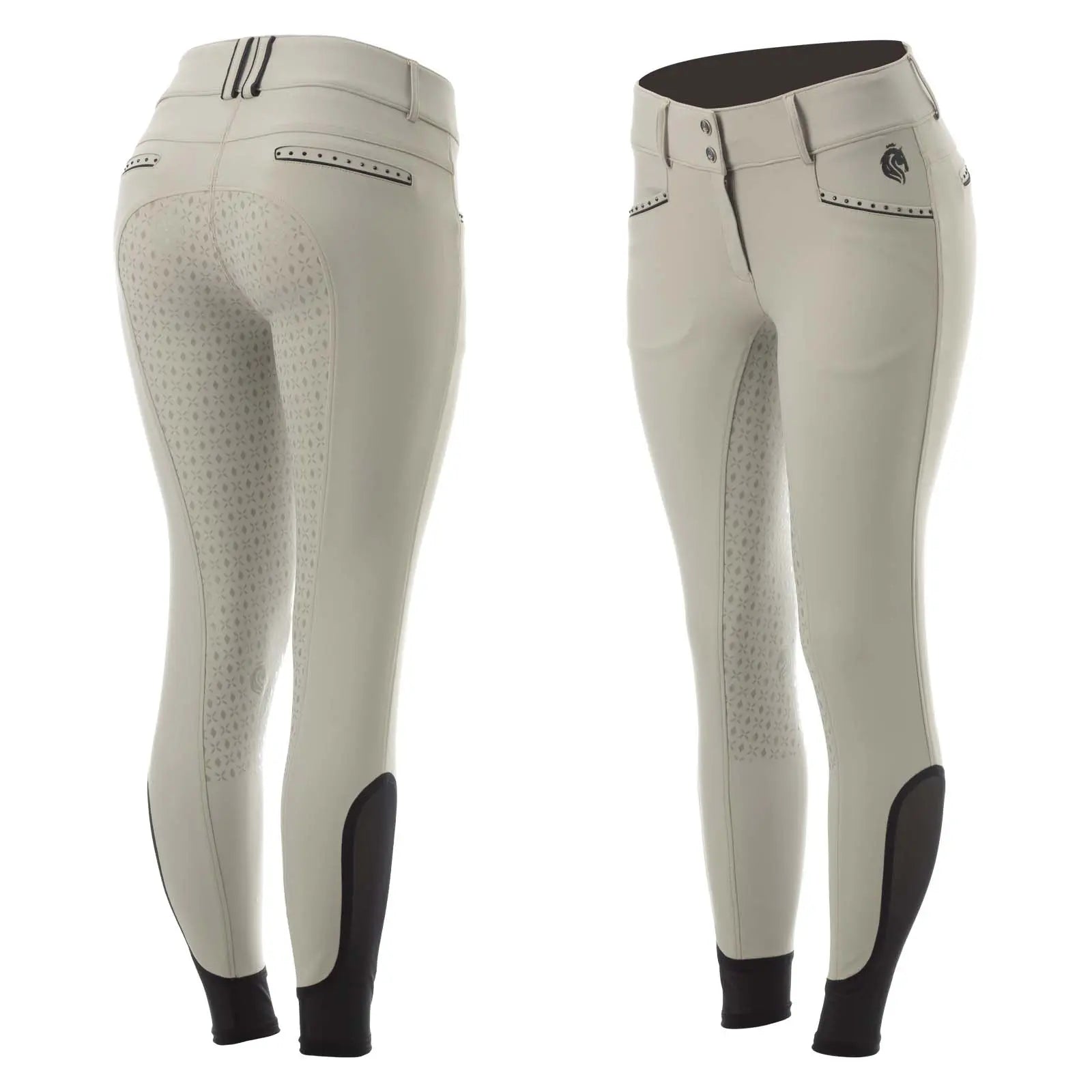 Side-by-side front and back views of the tan Equinavia Victoria Full Seat Breeches on a white background