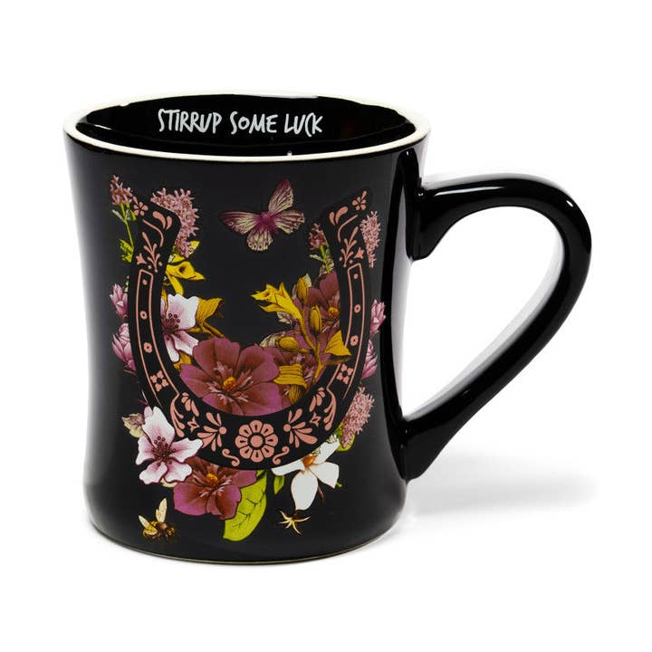 Front view of the black Blue Stallion Farm Lucky Charm Mug on a white background