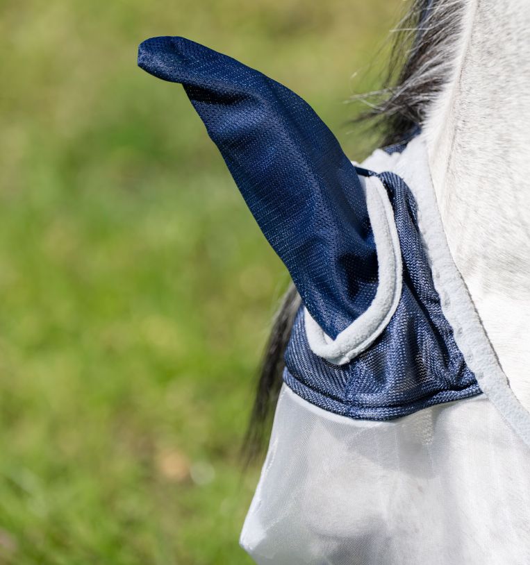 Close-up of Horseware Shield Fly Mask in navy and silver showing ear covers