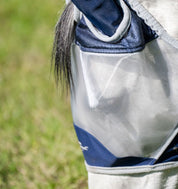 Close-up of Horseware Shield Fly Mask in navy and silver showing mesh eye area