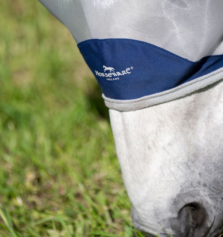 Close-up of Horseware Shield Fly Mask in navy and silver showing nose coverage