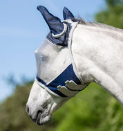 Horse wearing Horseware Shield Fly Mask in navy and silver, side view of head