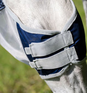 Close-up of Horseware Shield Fly Mask in navy and silver showing double Velcro chin straps