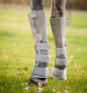 Horse wearing Rambo Tech-Fit Fly Boots in silver on front legs standing in grassy field
