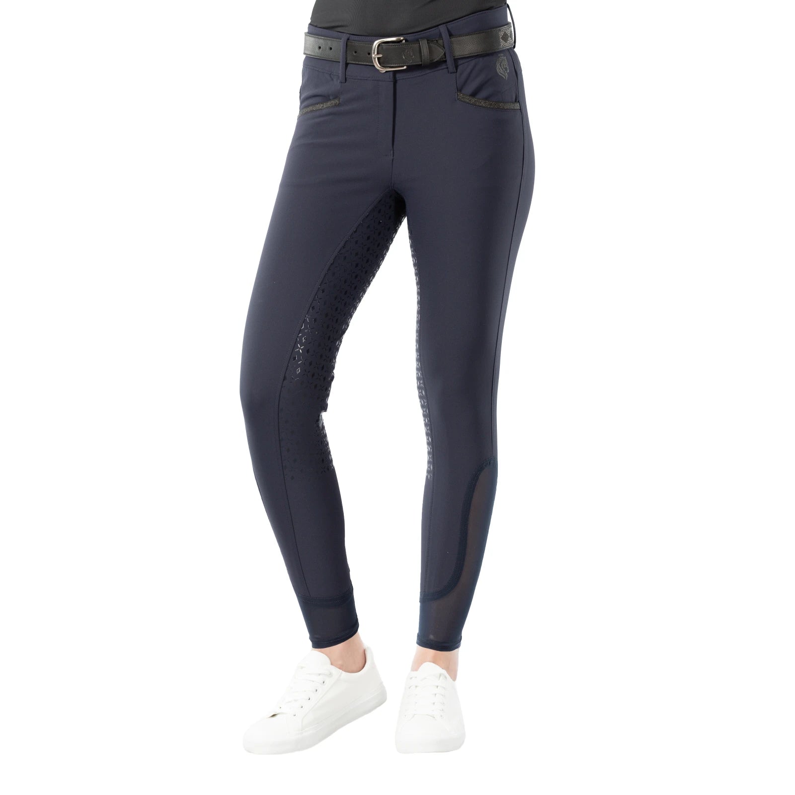 Close-up front view of a model wearing the Equinavia Kristina Full Seat Breeches in navy on a white background