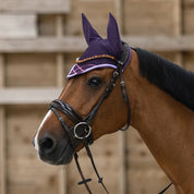 Side view of a horse standing in an indoor arena wearing the Horze Clermont Ergonomic Crystal Bridle in brown