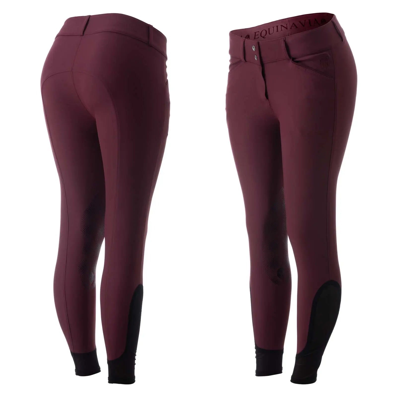 Side-by-side front and back views of the wine red Equinavia Maud Knee Patch Breeches on a white background