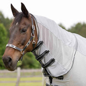 Horse wearing slate grey sheet showing neck and shoulder coverage
