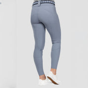 Back view of a model wearing Dusk Blue Equinavia Birgit Summer Full Seat Breeches on a plain background