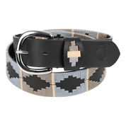 Front view of a rolled up beige and gray, black-leather Equinavia Siri Polo Belt on a white background