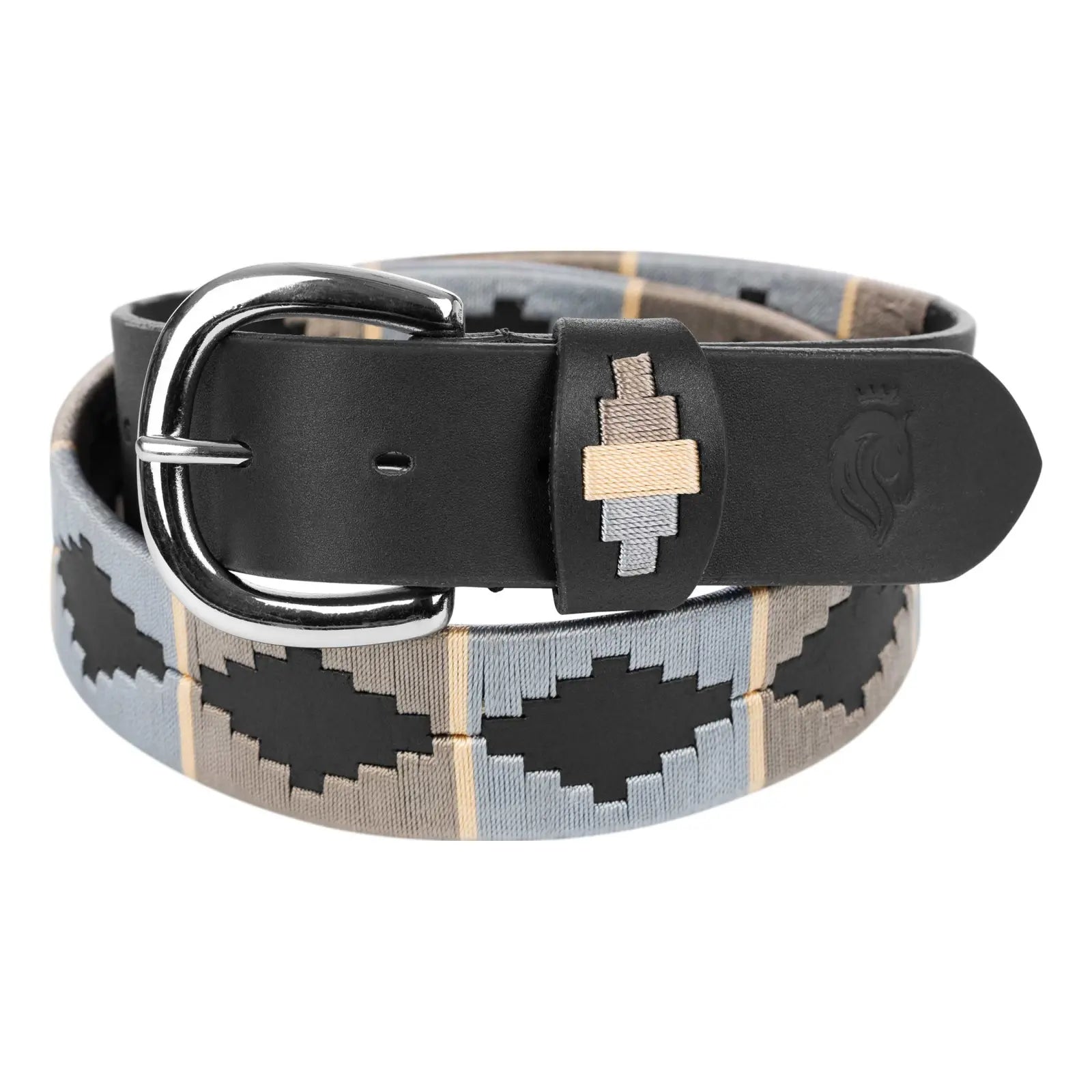 Front view of a rolled up beige and gray, black-leather Equinavia Siri Polo Belt on a white background