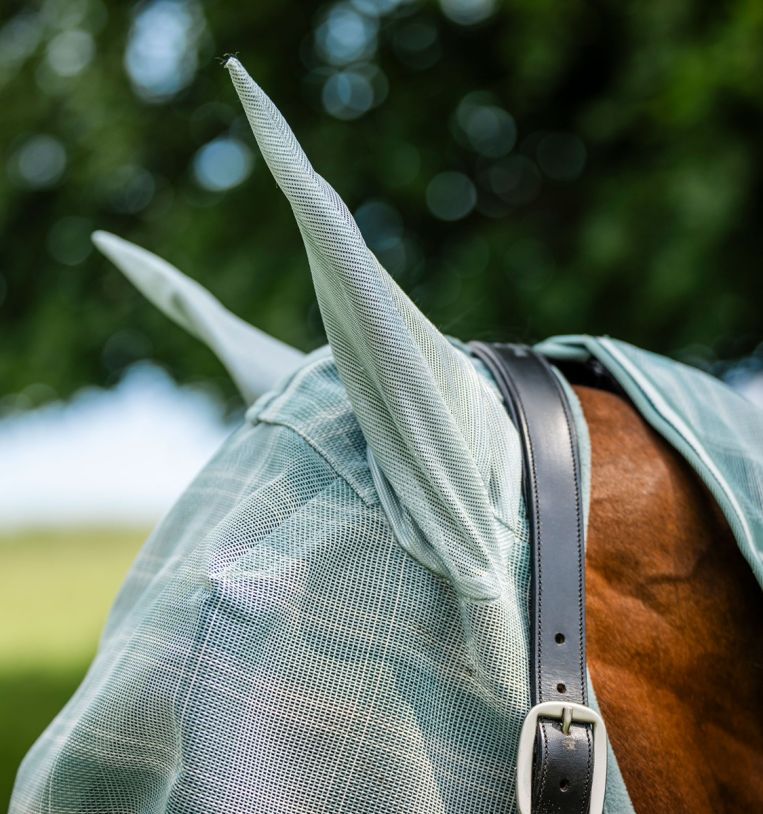 Close-up of Horseware Newmarket Fly Mask in Witney Dynasty showing ear covers