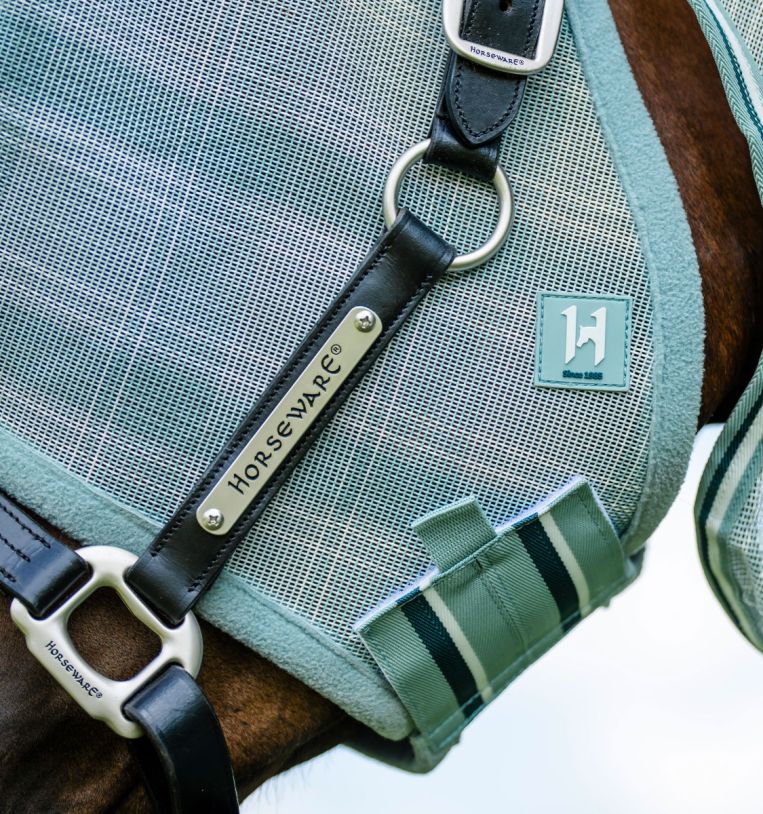 Close-up of Horseware Newmarket Fly Mask in Witney Dynasty showing chin strap and leather halter with Horseware metal plate