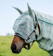 Horse wearing Horseware Newmarket Fly Mask in Witney Dynasty, side view of head