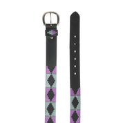 Top view of the buckle and tail end of the purple and gray black-leather Equinavia Siri Polo Belt on a white background