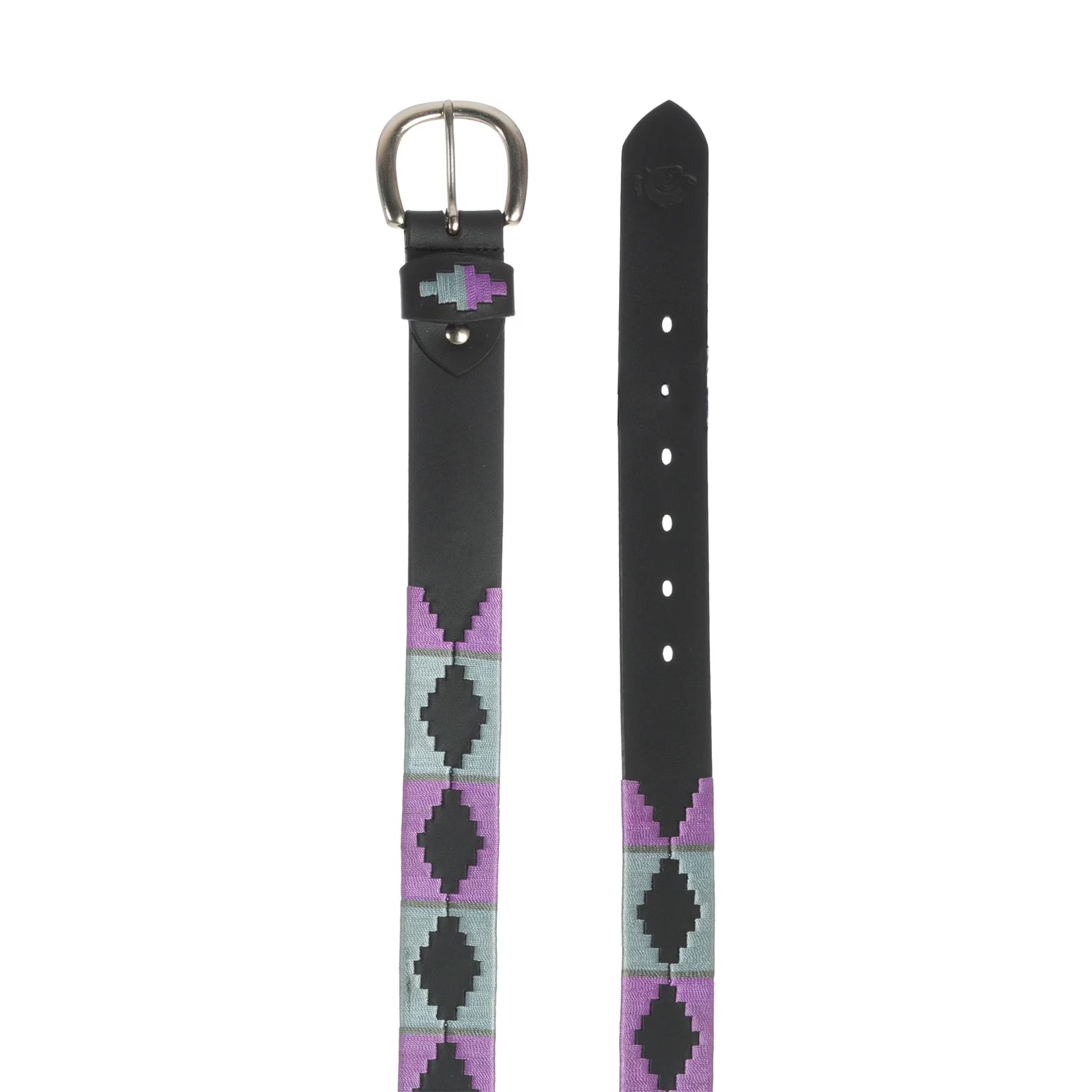 Top view of the buckle and tail end of the purple and gray black-leather Equinavia Siri Polo Belt on a white background