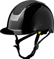 Angled front view of the Black/Black Shimmer Equinavia Crown Glossy MIPS Riding Helmet on a white background