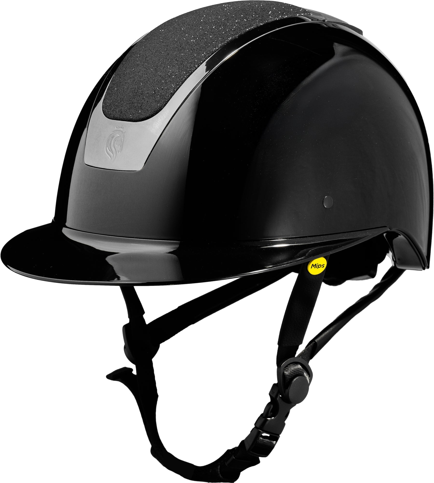 Angled front view of the Black/Black Shimmer Equinavia Crown Glossy MIPS Riding Helmet on a white background