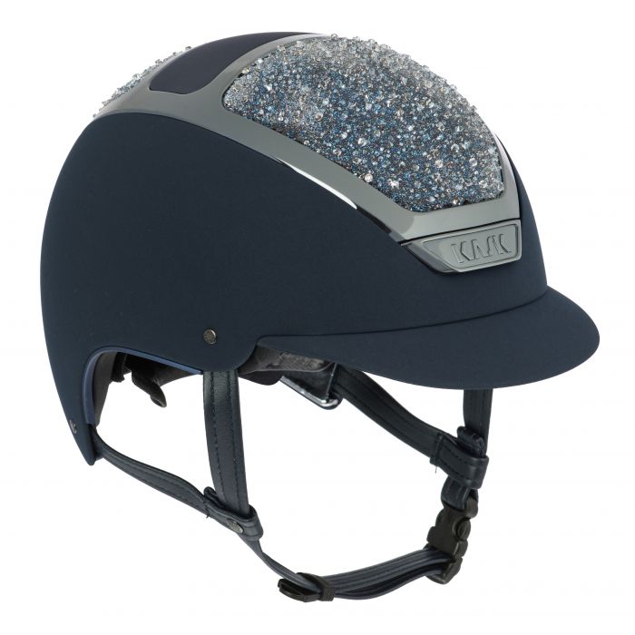 Angled front view of the navy Swarovski Kask Dogma Chrome Helmet on a plain background 
