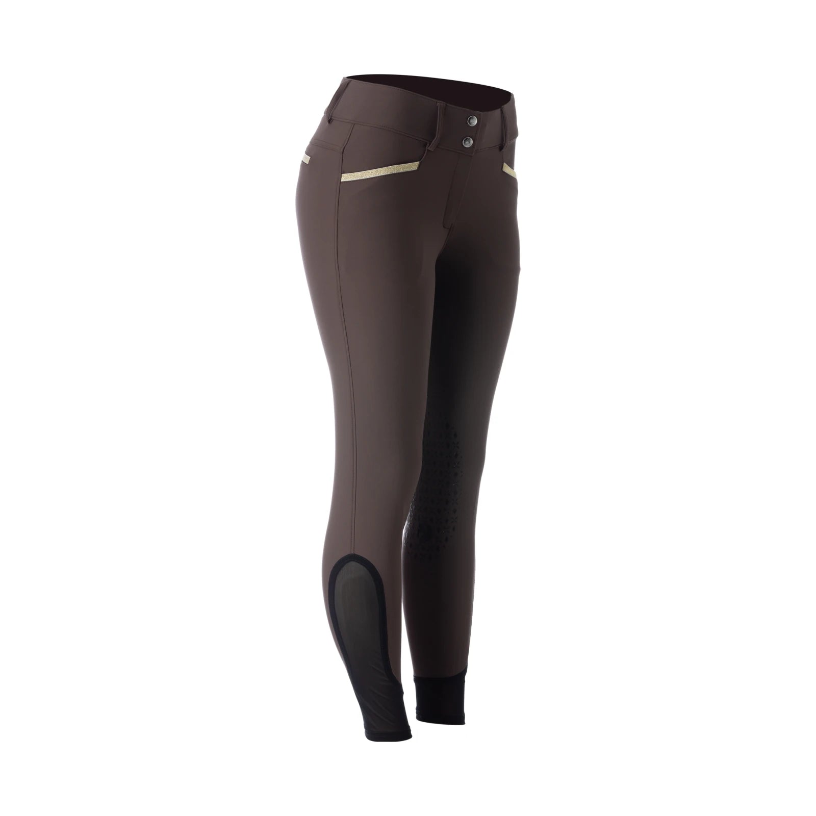 Angled front view of the blue Equinavia Kristina Knee Patch Breeches on a white background