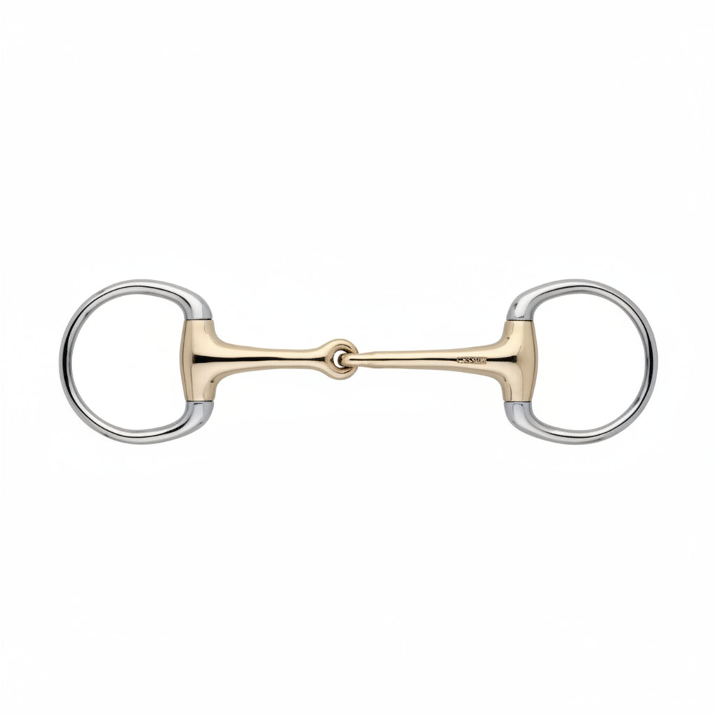 A double-bit horse bit featuring a polished gold-toned center bar and rings, with silver-toned outer rings, shown against a plain white background.
