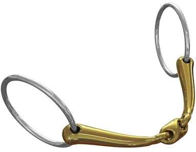 A horse bit with polished gold-toned metal shanks and silver-toned rings, isolated on a white background.
