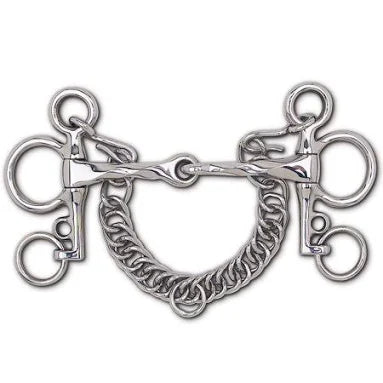 A polished silver metal horse bit featuring a twisted bar, double rings, and a curved chain underbar, shown against a plain white background.