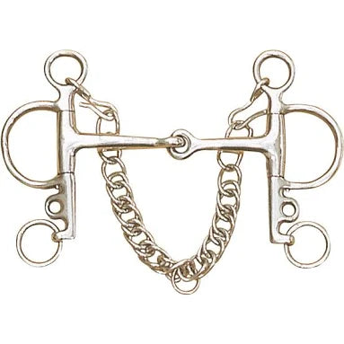 A silver metal horse bit with a chain link detail, isolated on a white background.