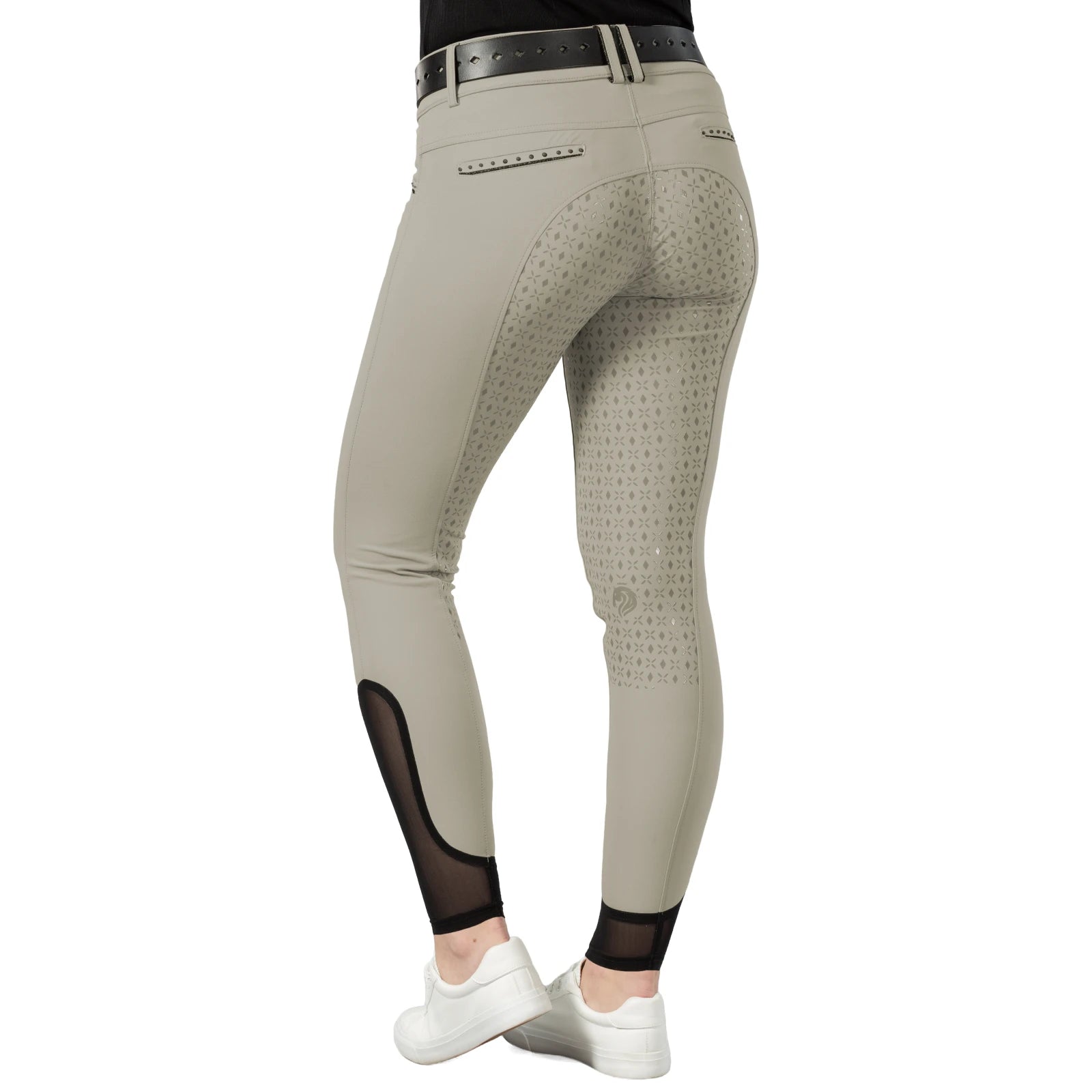 Back view of a model wearing the tan Equinavia Victoria Full Seat Breeches on a white background