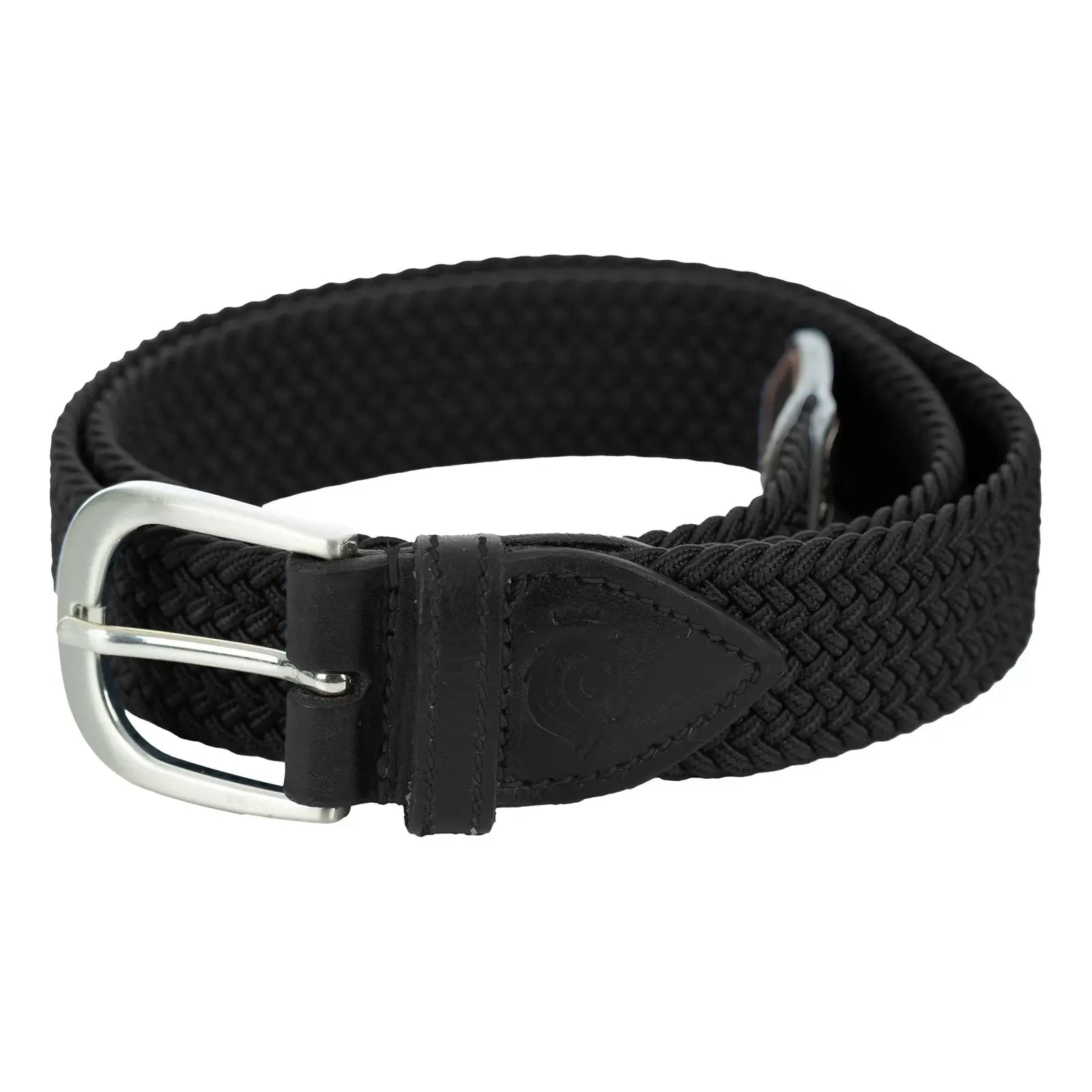 View of the black Equinavia Elsa Woven Stretch Belt on a white background