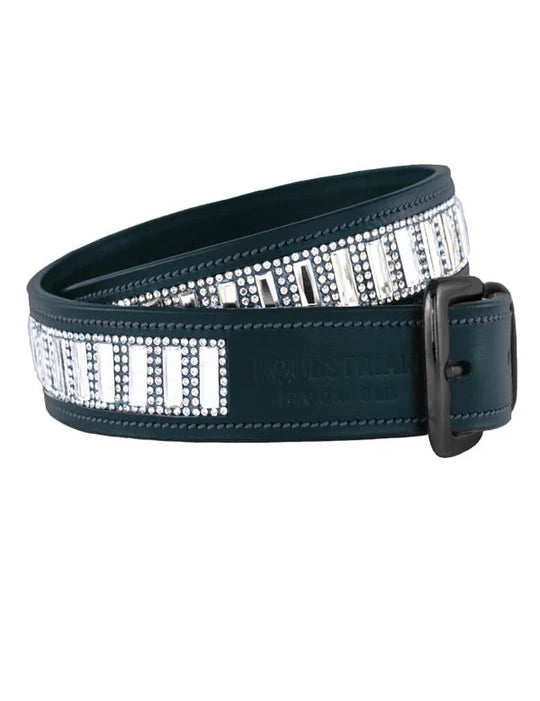 Full view of a rolled up Dramatic Monday Blue Equestrian Stockholm Contest Belt on a white background